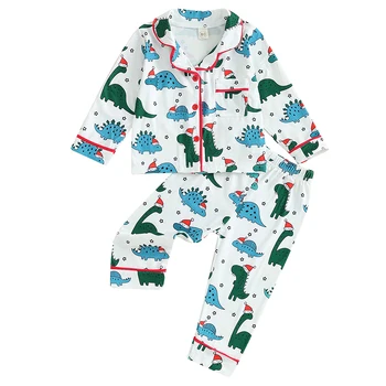2 шт. Детская рождественская пижама с длинным рукавом с принтом динозавра с принтом на пуговицах Рубашка Брюки Набор одежды для малышей