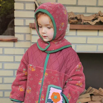  2023 AM Зимнее детское пальто для девочки Милые куртки с цветочным принтом Детская хлопковая верхняя одежда Одежда Новорожденные Теплые пальто Детский комплект одежды