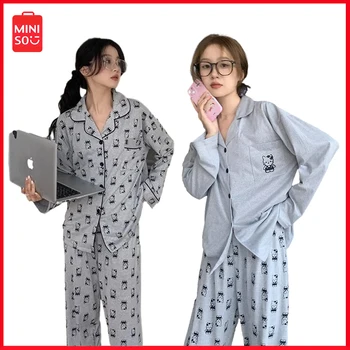 2023 Miniso Sanrio Hellokitty Корейская мультяшная печать Домашняя одежда Костюм Длинные брюки с длинными рукавами Пижама Женщины Одежда для пары