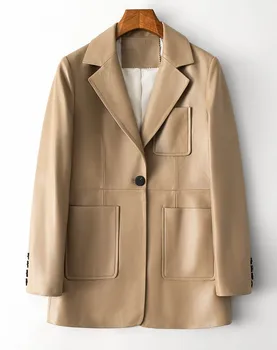 2023 Весеннее элегантное кожаное пальто OL Совершенно новые дизайнерские карманы из овчины Куртки из натуральной кожи C721