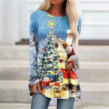 2023 Женская мода Свободная футболка 3D Рождественская елка Снеговик Принт Повседневная Удобная Свободная Плюс Размер На открытом воздухе Реглан с длинным рукавом