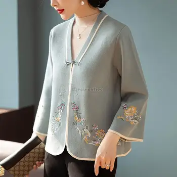 2023 китайский женский v-образный вырез с длинным рукавом вышивка танг костюм топ большого размера вязаный кардиган весна и осень модное пальто s610