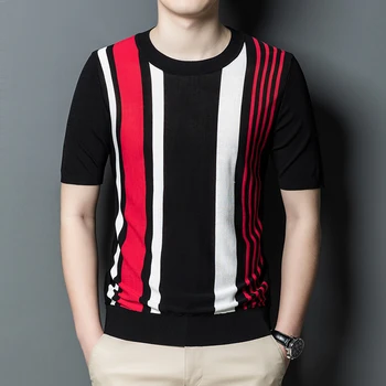 2023 Лето Новый Топ Модный Тренд Бренд Мужская корейская полосатая футболка с коротким рукавом Контрастный ледяной шелковый стиль
