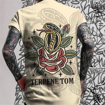 2023 Новая рубашка со татуировкой змеи Мужская футболка 3D-печатная повседневная топы с коротким рукавом Лето O Шея Хлопок Одежда Мужчина Мужской Негабаритный