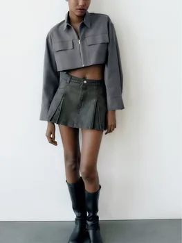 2023 новый осенне-зимний модный женский лацкан с длинными рукавами свободный накладной карман ветровка ткань рубашка короткий топ 