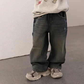 2024 Зимние детские брюки в корейском стиле винтажные теплые брюки для мальчиков утолщение флисовой подкладки свободные прямые джинсы