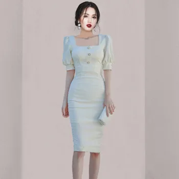 2024 Лето Новая корейская версия Модные платья-карандаш Женские платья с квадратным вырезом и пузырчатыми рукавами Тонкие платья для вечеринок с высокой талией