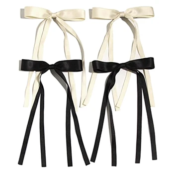 4 шт. Заколки для волос для женщин Ленточный бант с длинным хвостом, Clip Girl, Solid Replacement Barrettes Claw Bow