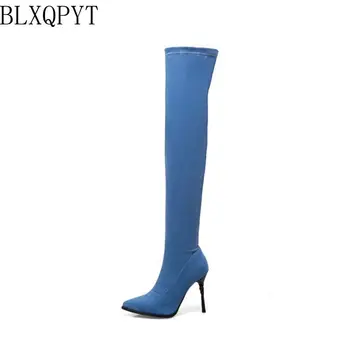 BLXQPYT Эластичные джинсовые женские осень-зимние сапоги на шпильке сексуальные сапоги на высоком каблуке длинные туфли женщина T613