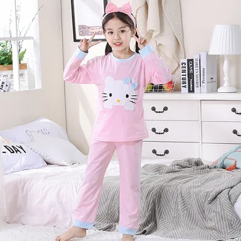 Hello Kitty Детские детские брюки с длинными рукавами Пижама Две части для девочек Чистый хлопок Удобный круглый вырез Симпатичный Домашний сервис