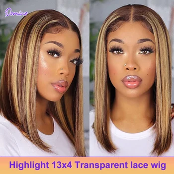  Highlight Short Bob Wig 13x4 HD Прозрачные кружевные фронтальные парики из натуральных волос для женщин Прямой парик Боб Натуральный цвет Детские волосы