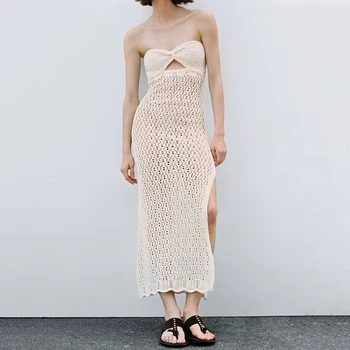 Hollow Out Платье для женщин 2023 Летние трикотажные платья миди Сексуальная леди Пляж Vestidos Ins Модная женская одежда