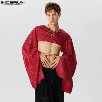 INCERUN Топы 2023 Сексуальные новые укороченные рубашки с текстурой мужской индивидуальности Мужская однотонная блузка-кардиган с длинным рукавом S-5XL