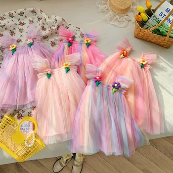 Kawaii Rainbow Mesh Платье для девочек 2023 Лето Новые Цветы Летающий Рукав Детское Пышное Платье День Рождения Принцесса Vestidos 12M-6T