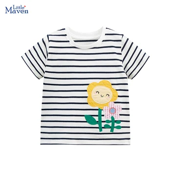 Little maven 2024 Детская одежда Летняя детская одежда для девочек Полосатые футболки Мультяшные цветы Хлопковые топы Футболки