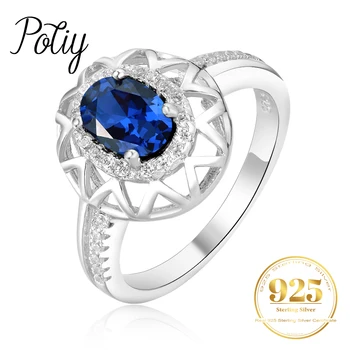 Potiy создал кольца из синего сапфира из стерлингового серебра 925 пробы для женщин модное заявление драгоценные камни ювелирные изделия ореол обручальное кольцо