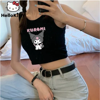 Sanrio Hello Kitty Топ Женская одежда Y2k Мода Укороченный топ Сексуальные спортивные майки Досуг Мягкие футболки Корейская одежда Обтягивающий жилет