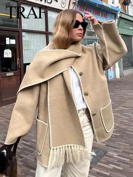 TRAF 2023 Зимние женские шерстяные пальто Пэчворк Кисточка Пальто с шарфом Карман с длинным рукавом Однобортная куртка Женская верхняя одежда