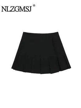 TRAF 2024 Женская мода Однотонные плиссированные боковые юбки на молнии Винтаж с высокой талией Женская шикарная женская мини-юбка