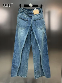 VGH Пэчворк Карманы Повседневные джинсовые брюки для женщин Высокая талия Сращенная молния Уличная одежда Свободные нерегулярные джинсы Женский стиль