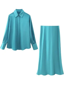 Willshela Женская мода Комплекты из 2 предметов Атласная синяя однобортная блузка и винтажная юбка миди с высокой талией Женские шикарные юбки