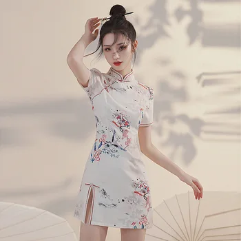 Yourqipao Летние короткие Cheongsam Маленькие девочки Азиатское платье Цветочный веер Тонкий винтаж плюс пуговица ручной работы Улучшенный Qipao 2XL белый