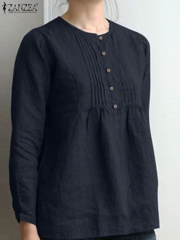 ZANZEA Женская работа Solid Blusas Mujer Модная плиссированная рубашка Женская блузка с длинным рукавом с вырезом Осень Повседневная хлопковая туника Топы 2023