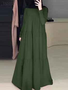 ZANZEA Мусульманское повседневное элегантное платье Однотонный длинный рукав Vestidos Femme Модный сарафан Вечеринка Дубай Турция Винтажный халат 2023