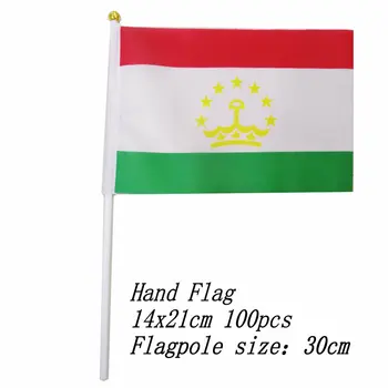 zwjflagshow Таджикистан Ручной флаг 14 * 21 см 100 шт. полиэстер Таджикистан Маленькая рука машет флагом с пластиковым флагштоком для декора