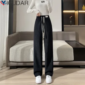 Вельветовые плюшевые толстые зимние винтажные твердые эластичные женские брюки с высокой талией корейские модные широкие брюки полной длины для женщин