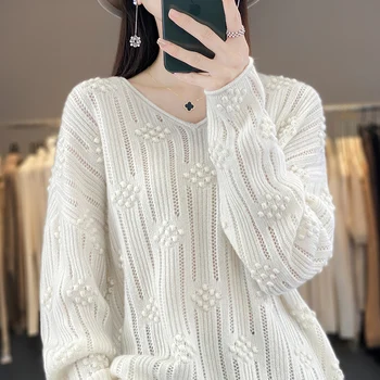 Весна и осень новый женский свитер из 100% шерсти мериноса, вязаный пуловер с круглым вырезом, корейская мода, свободное пальто высокого класса