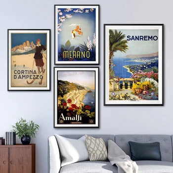 Винтажные туристические плакаты и принты Италия Небольшие города Амальфи Мерано Сан-Ремо Холст Живопись Настенное искусство Картины Декор гостиной