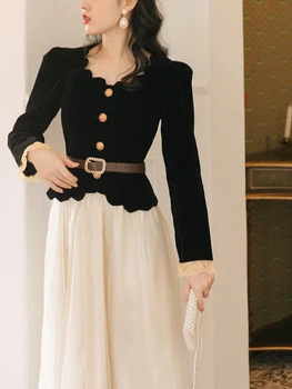  Винтажный элегантный женский комплект с двумя пейсами 2022 Новый корейский модный костюм с юбкой для вечеринок Зимние черные кружевные французские блузки + юбка миди в стиле ретро