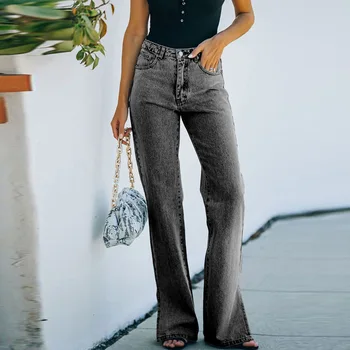 Выстиранные старые джинсы средней посадки Женские новые широкие брюки Универсальные 781923