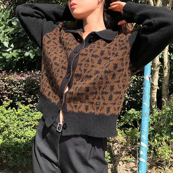 Вязаный кардиган Женский модный леопардовый укороченный свитер Корейские женские повседневные кардиганы Корейский Mujer Kardigan Office Feminino 2021