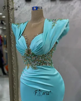 Два Дизайна Новейший Бисер Длинные рукава Русалка Элегантное Вечернее Платье Светло-голубой Мода Формальные Платья Vestidos de gala