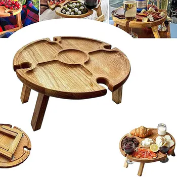 Деревянный открытый складной стол для пикника со стеклянным держателем Круглый складной стол Стойка для бокалов для вина Складной стол для вечеринки в саду
