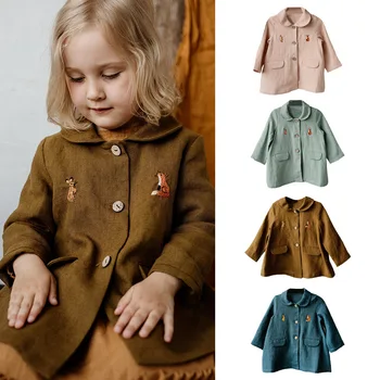 Детская одежда Осеннее пальто Пальто из хлопка и льна с лацканом и вышитым цветком для девочки Пальто-ветровка для мальчика 2023