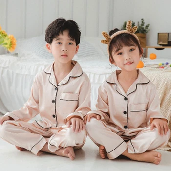Детская одежда Пижама чистого цвета для девочек Шелковая футболка + брюки 2шт Комплект ночного белья Мальчики Пижамы Пижамы