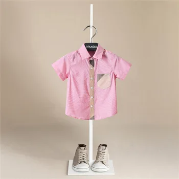  Детские девочки Блузка Летняя полоска Хлопчатобумажные рубашки с коротким рукавом Отложной воротник Малыши Мальчики Малыши Топы Детская одежда Розовый