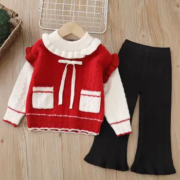 Детские шерстяные трикотажные комплекты одежды для девочек Весна Осень 2024 Детские вязаные свитера Пальто Брюки 2 шт. Праздничный костюм для детских нарядов