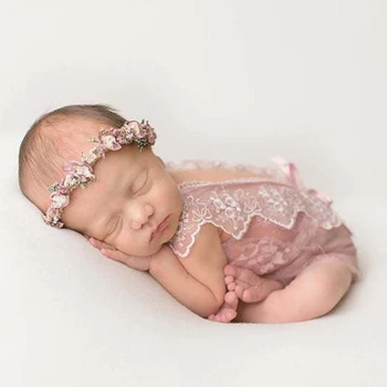 Детский кружевной комбинезон Комплект повязки на голову Новорожденный Фотография Реквизит Боди Цветочный Повязка для волос H055