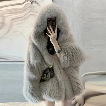 Женская куртка с капюшоном из искусственного меха лисы, пальто средней длины, длинная куртка, корейская мода, зима, 2023