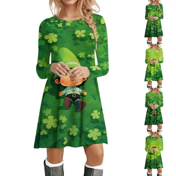 Женская мода Повседневная St Patrick's Four Leaf 3D-печатный вырез с круглым вырезом Клуб с длинным рукавом Вечернее платье для вечеринки Уличная одежда Пэчворк