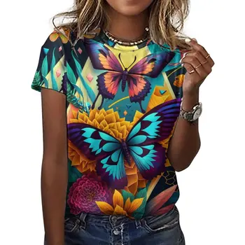 Женская мода Футболка с коротким рукавом Геометрия Топы с принтом бабочки Повседневная женская футболка
