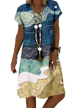 Женская одежда Платье с короткими рукавами V-образным вырезом и длиной до колен Модная печать