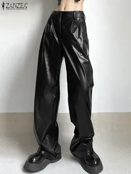 Женские длинные брюки из искусственной кожи ZANZEA Streetwear Брюки Мода 2023 Осень Зима Однотонные свободные брюки Повседневные широкие брюки