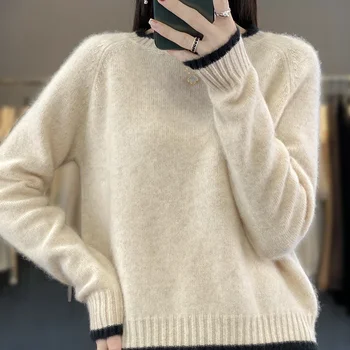 Женский 100% кашемировый свитер O-образным вырезом Пуловер с длинными рукавами Повседневные вязаные топы Женская куртка Корейская мода Весна Осень