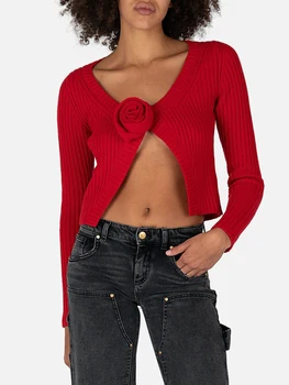 Женский открытый спереди укороченный кардиган с длинным рукавом Однотонный 3D цветочный свитер Приталенный трикотажные топы