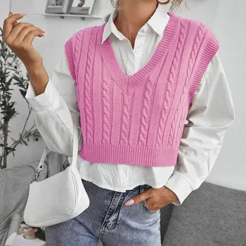 Женский свободный трикотажный жилет с кабелем пуловер V-образным вырезом Свитер Пуловер большого размера Женский джемпер Топ Верхняя одежда